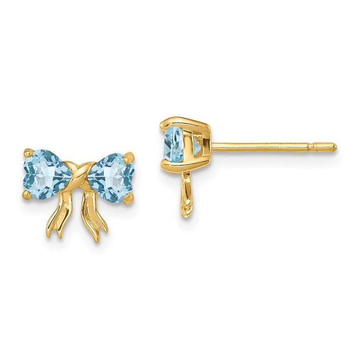 Million Charms 14k Yellow Gold Gold Polished Light Swiss Blue Topaz Bow Post Earrings, 7.5mm x 9mm