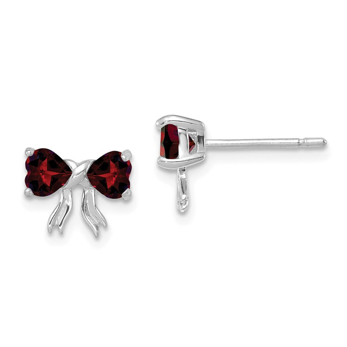 Million Charms 14k White Gold Polished Garnet Bow Post Earrings, 7.5mm x 9mm