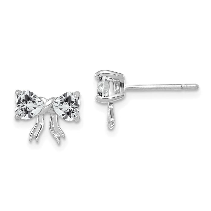 Million Charms 14k White Gold Polished White Topaz Bow Post Earrings, 7.5mm x 9mm