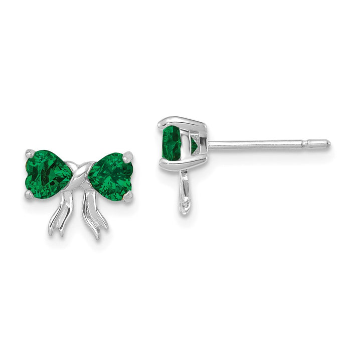 Million Charms 14k White Gold Polished Created Emerald Bow Post Earrings, 7.5mm x 9mm