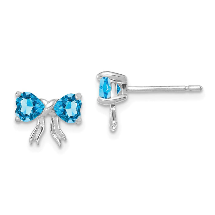 Million Charms 14k White Gold Polished Light Swiss Blue Topaz Bow Post Earrings, 7.5mm x 9mm