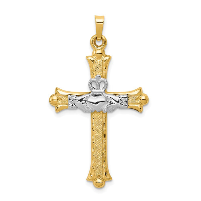 Million Charms 14K Two-Tone Claddagh Relgious Cross Pendant