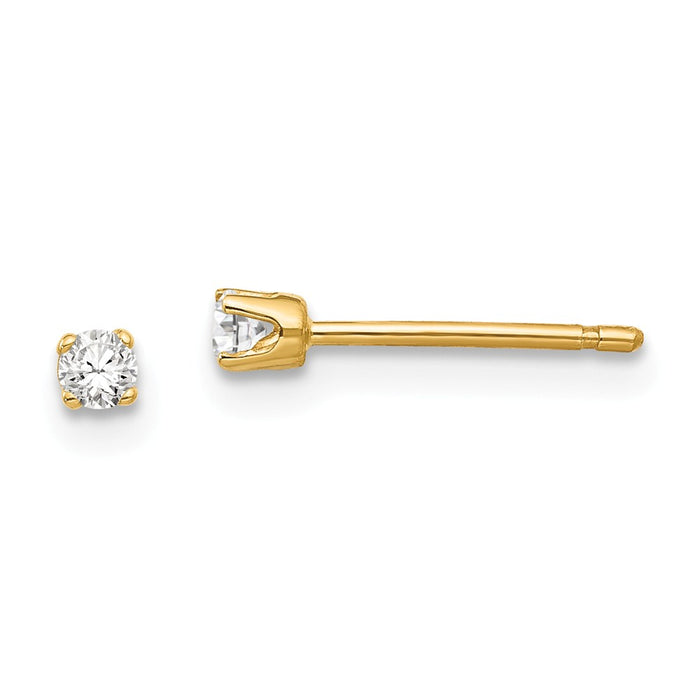 Million Charms 14k Yellow Gold 2.25mm Cubic Zirconia ( CZ ) stud earrings, 2mm x 2mm