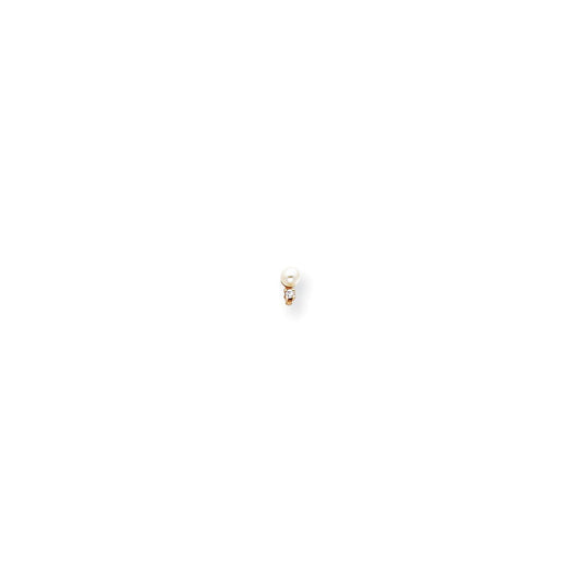 14k Yellow Gold 3-4mm White Round Freshwater Cultured Pearl VS Diamond Post Earrings, 6mm x 3 to 3.5mm