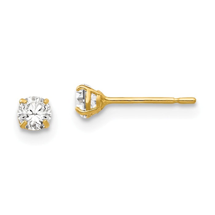 Million Charms 14k Yellow Gold 3mm Round Cubic Zirconia ( CZ ) Post Earrings, 3mm x 3mm