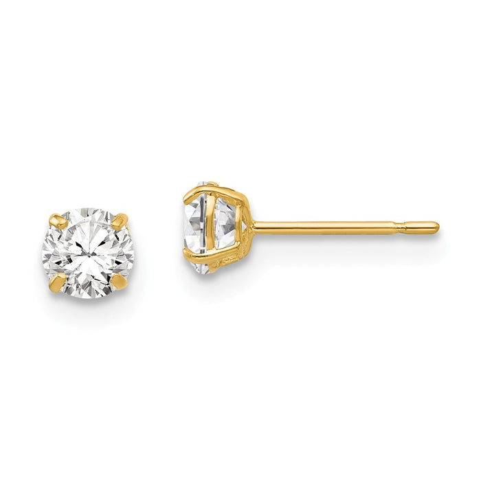 Million Charms 14k Yellow Gold 4mm Round Cubic Zirconia ( CZ ) Post Earrings, 4mm x 4mm