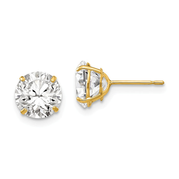 Million Charms 14k Yellow Gold 7mm Round Cubic Zirconia ( CZ ) Post Earrings, 6mm x 6mm