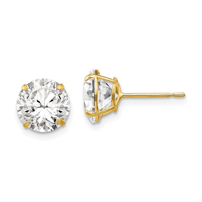 Million Charms 14k Yellow Gold 8mm Round Cubic Zirconia ( CZ ) Post Earrings, 9mm x 9mm