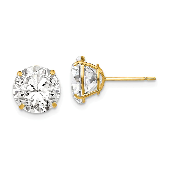 Million Charms 14k Yellow Gold 9mm Round Cubic Zirconia ( CZ ) Post Earrings, 10mm x 10mm