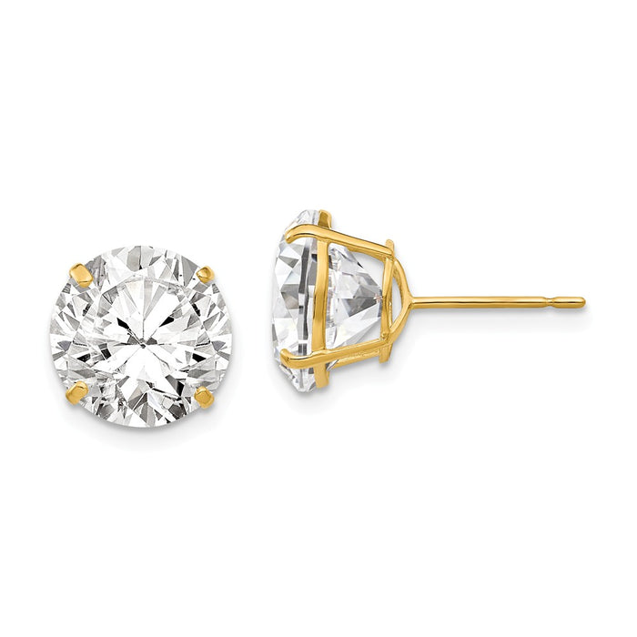 Million Charms 14k Yellow Gold 10mm Round Cubic Zirconia ( CZ ) Post Earrings, 11mm x 11mm