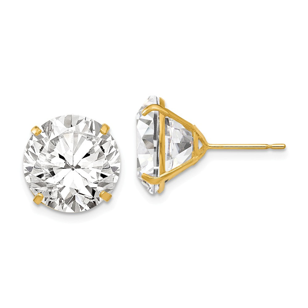 Million Charms 14k Yellow Gold 12mm Round Cubic Zirconia ( CZ ) Post Earrings, 13mm x 13mm