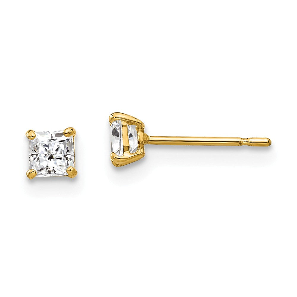 Million Charms 14k Yellow Gold 3mm Square Cubic Zirconia ( CZ ) Post Earrings, 3mm x 3mm