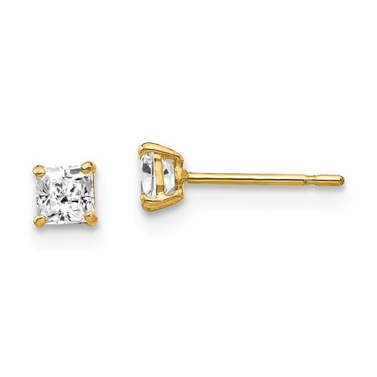 Million Charms 14k Yellow Gold 3mm Square Cubic Zirconia ( CZ ) Post Earrings, 3mm x 3mm