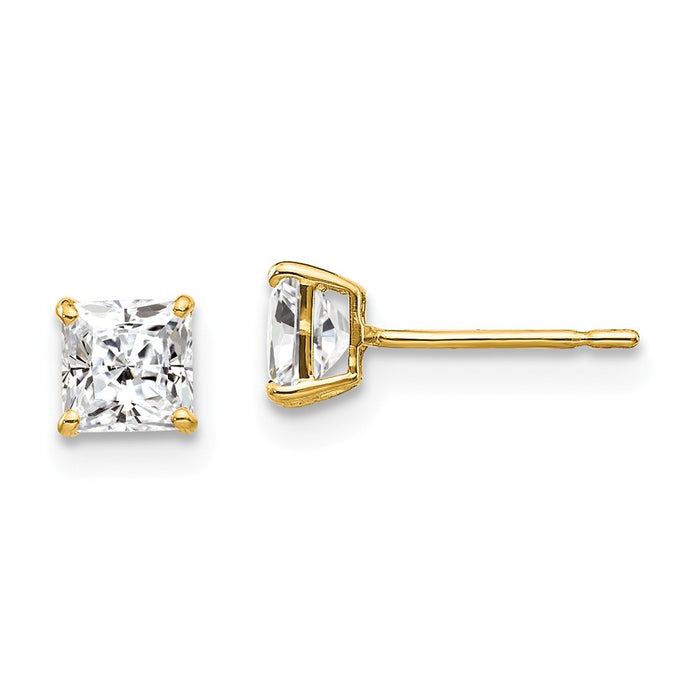 Million Charms 14k Yellow Gold 4mm Square Cubic Zirconia ( CZ ) Post Earrings, 4mm x 4mm