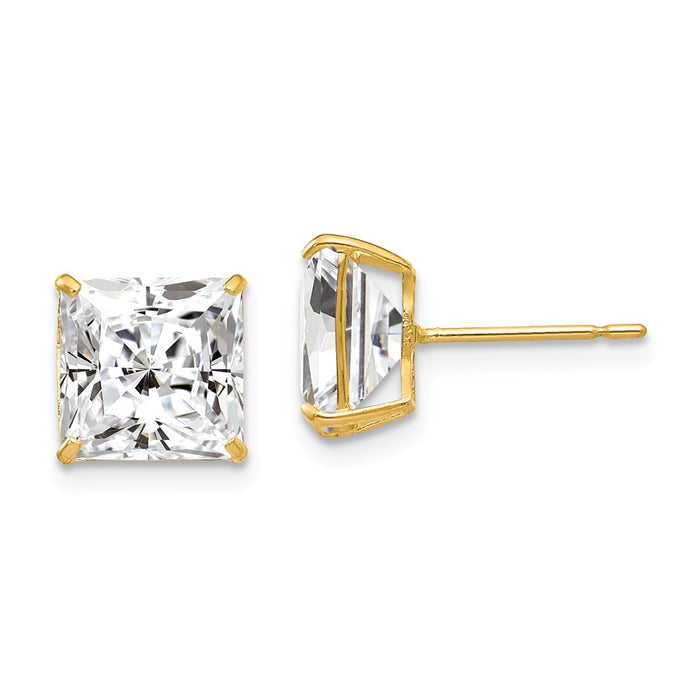 Million Charms 14k Yellow Gold 8mm Square Cubic Zirconia ( CZ ) Post Earrings, 9mm x 9mm