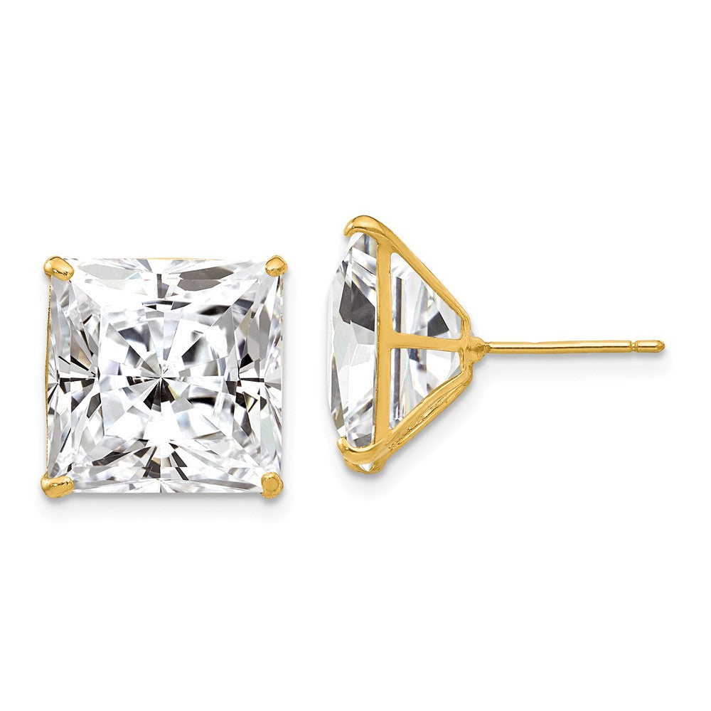 Million Charms 14k Yellow Gold 12mm Square Cubic Zirconia ( CZ ) Post Earrings, 13mm x 13mm
