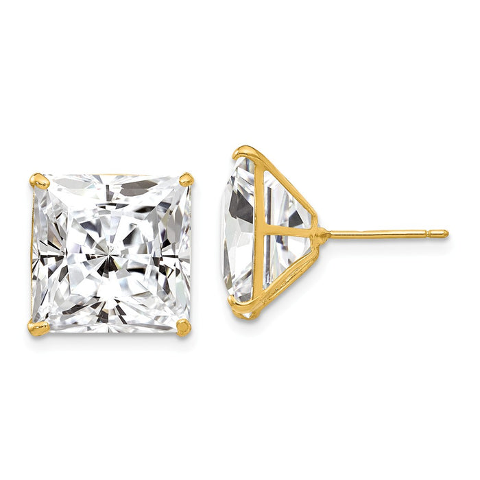 Million Charms 14k Yellow Gold 12mm Square Cubic Zirconia ( CZ ) Post Earrings, 13mm x 13mm