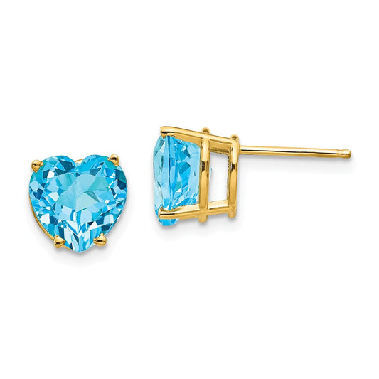 Million Charms 14k Yellow Gold 8mm Heart Blue Topaz earring, 8mm x 8mm