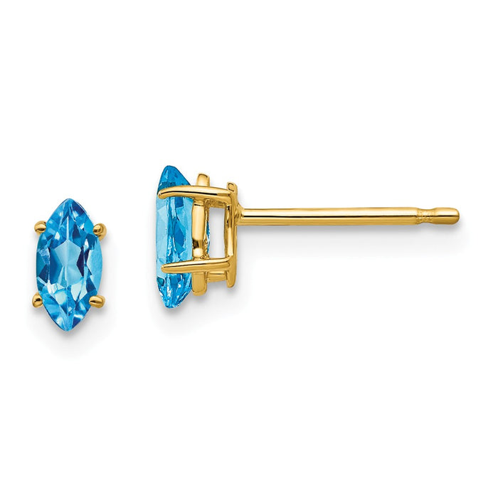 Million Charms 14k Yellow Gold Blue Topaz marquis stud earring, 5mm x 3mm