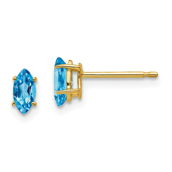 Million Charms 14k Yellow Gold 6x3mm Marquise Blue Topaz earring, 6mm x 3mm