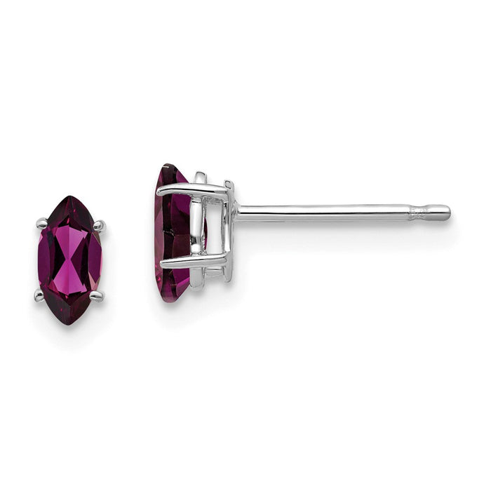 Million Charms 14k White Gold 6X3mm Rhodolite Garnet Marquise Stud Earring, 7mm x 3mm