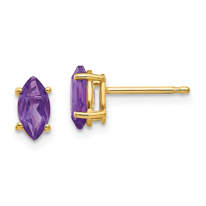 Million Charms 14k Yellow Gold 7x3.5mm Marquise Amethyst earring, 7mm x 4mm