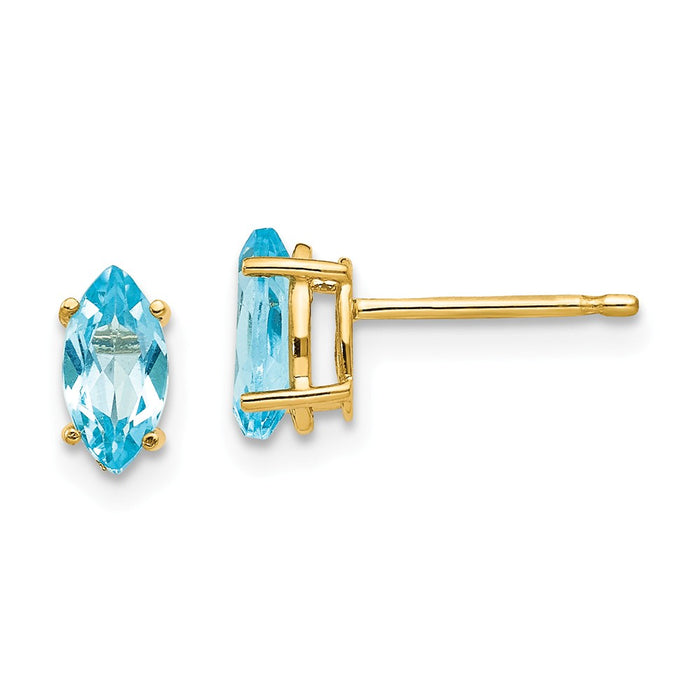 Million Charms 14k Yellow Gold 7x3.5mm Marquise Blue Topaz earring, 7mm x 4mm