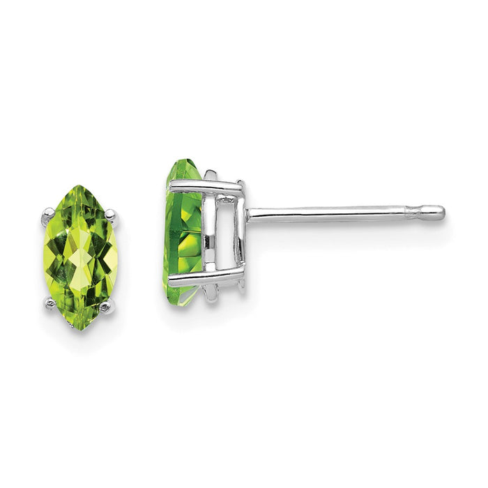 Million Charms 14k White Gold 7x3.5mm Peridot Marquise Stud Earring, 8mm x 4mm