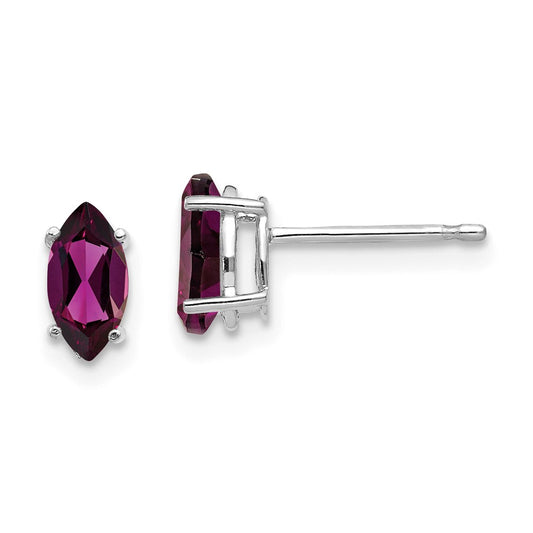 Million Charms 14k White Gold 7x3.5mm Rhodolite Garnet Marquise Stud Earring, 8mm x 4mm