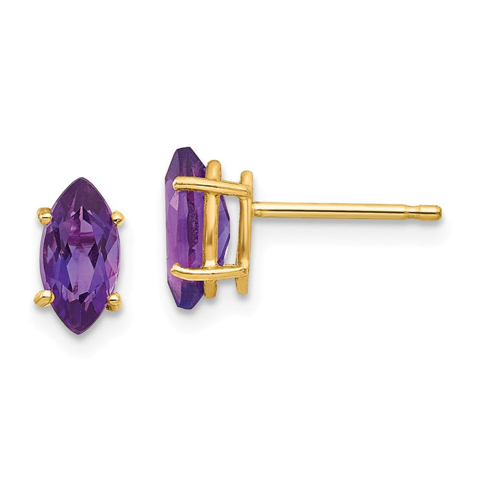 Million Charms 14k Yellow Gold 8x4mm Marquise Amethyst earring, 9mm x 4mm
