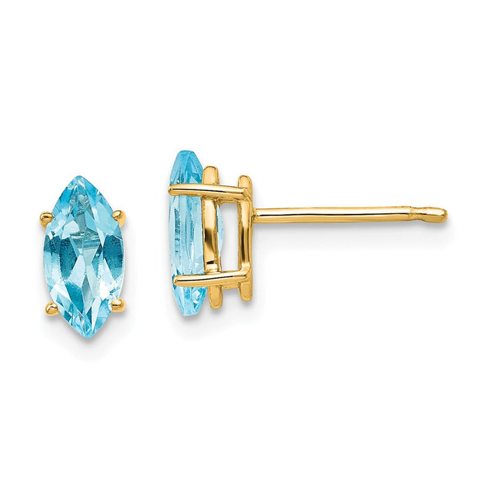 Million Charms 14k Yellow Gold Blue Topaz Marquise Stud Earring, 9mm x 4mm