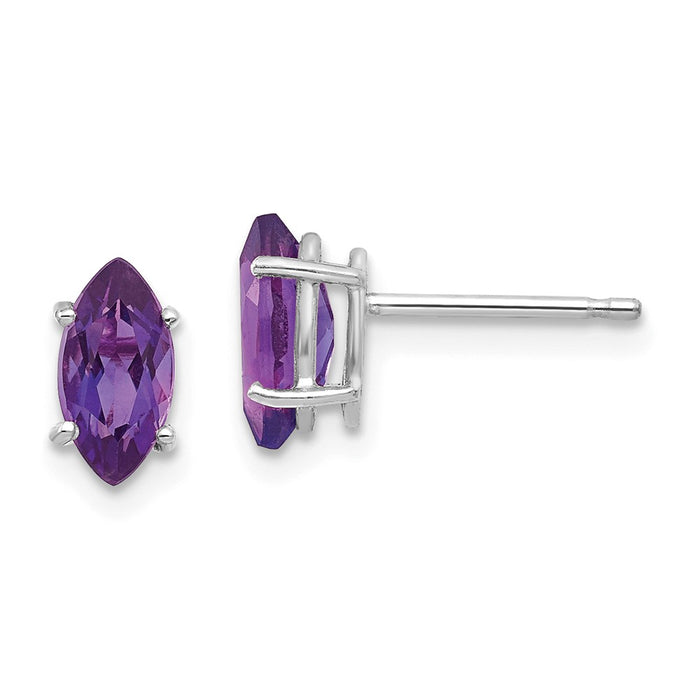 Million Charms 14k White Gold 8x4mm Amethyst Marquise Stud Earring, 9mm x 4mm