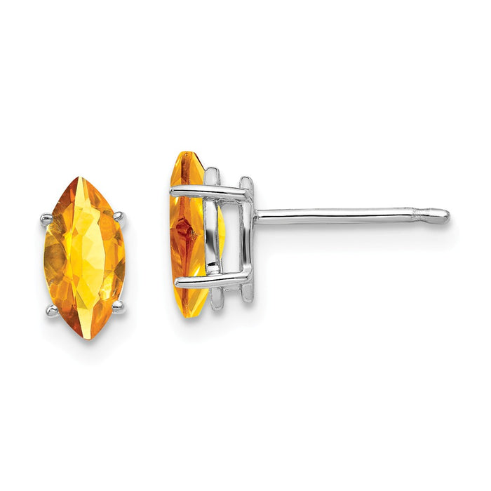 Million Charms 14k White Gold 8x4mm Citrine Marquise Stud Earring, 9mm x 4mm