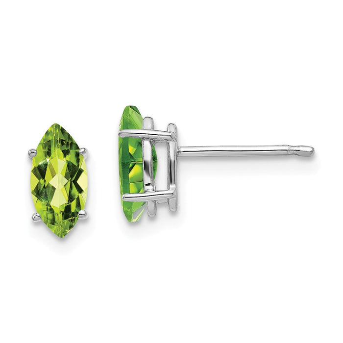 Million Charms 14k White Gold 8x4mm Peridot Marquise Stud Earring, 9mm x 4mm