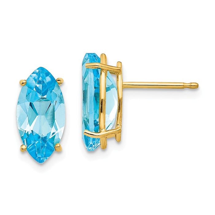Million Charms 14k Yellow Gold Blue Topaz marquis stud earring, 10mm x 5mm