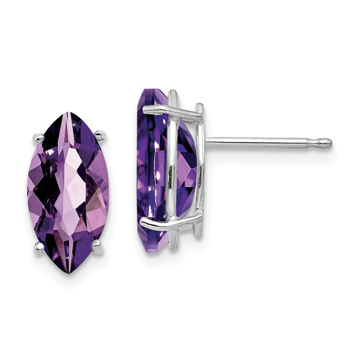 Million Charms 14k White Gold 10x5mm Amethyst Marquise Stud Earring, 11mm x 5mm