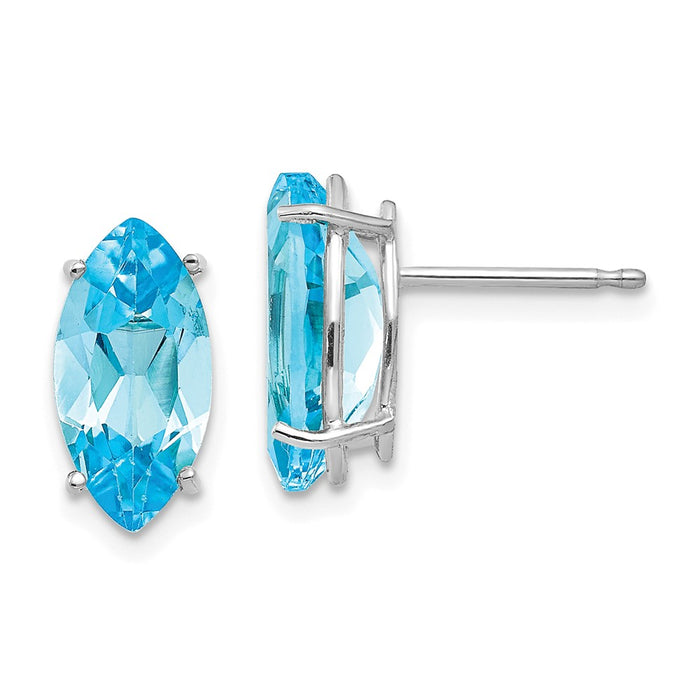 Million Charms 14k White Gold 10x5mm Blue Topaz Marquise Stud Earring, 11mm x 5mm