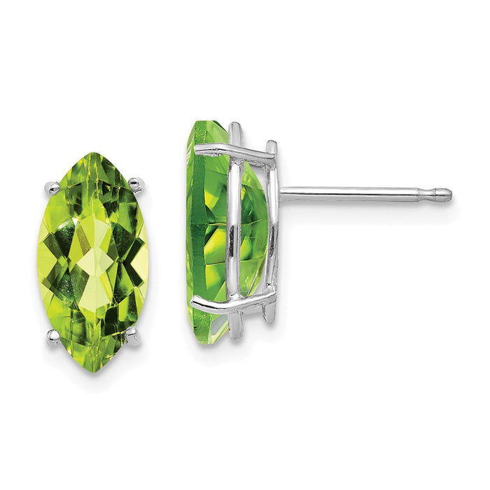 Million Charms 14k White Gold 10x5mm Peridot Marquise Stud Earring, 11mm x 5mm