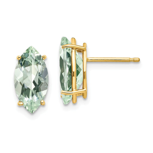 Million Charms 14k Yellow Gold 12x6 Marquise Green Quartz Earring, 13mm x 6mm