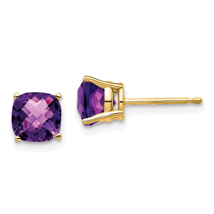 Million Charms 14k Yellow Gold 6x6mm Cushion Amethyst Checker Earring, 7mm x 7mm