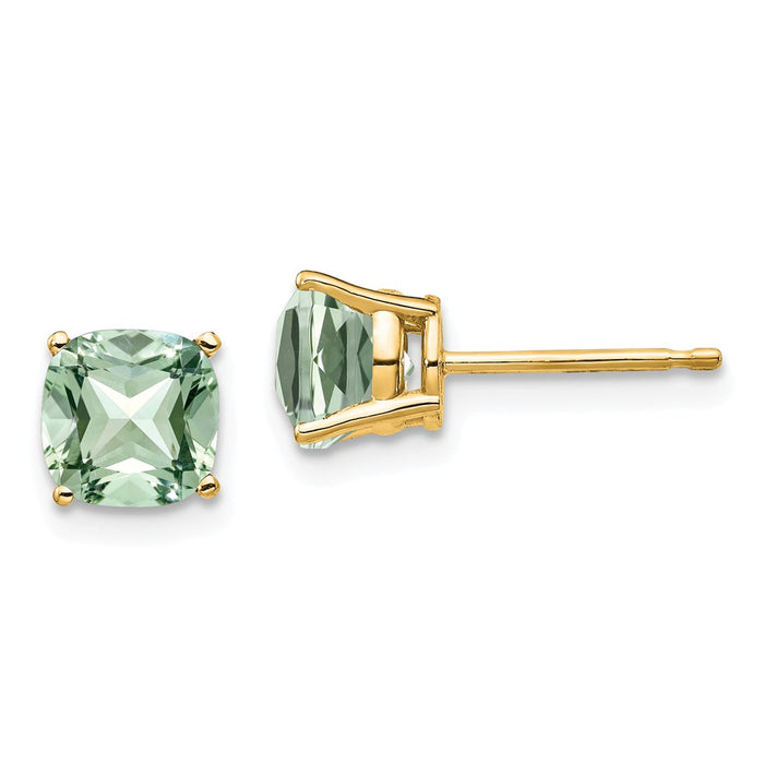 Million Charms 14k Yellow Gold 6mm Cushion Green Quartz Earring, 7mm x 7mm