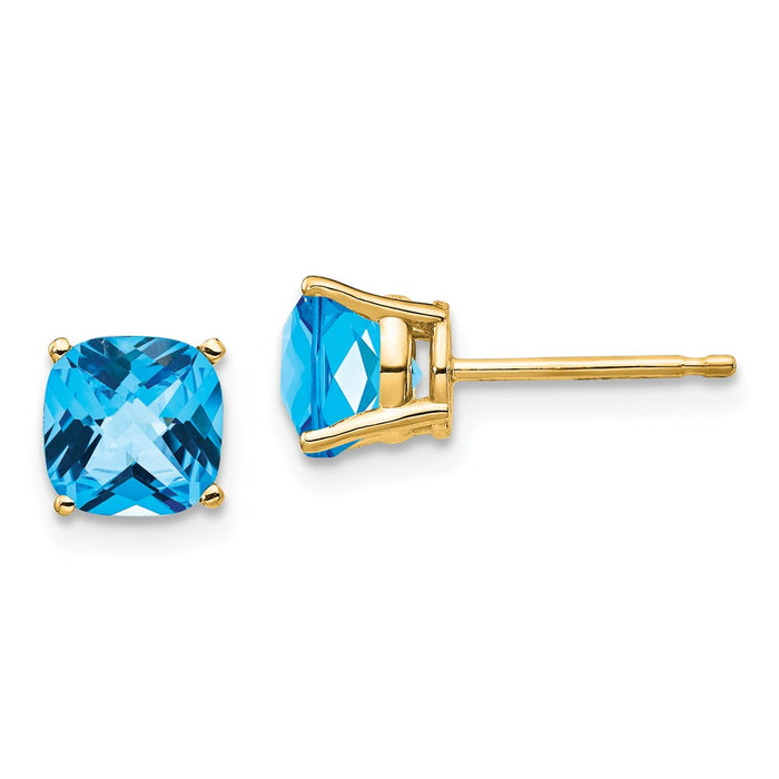 Million Charms 14k Yellow Gold 6x6mm Cushion Blue Topaz Checker earring, 7mm x 7mm