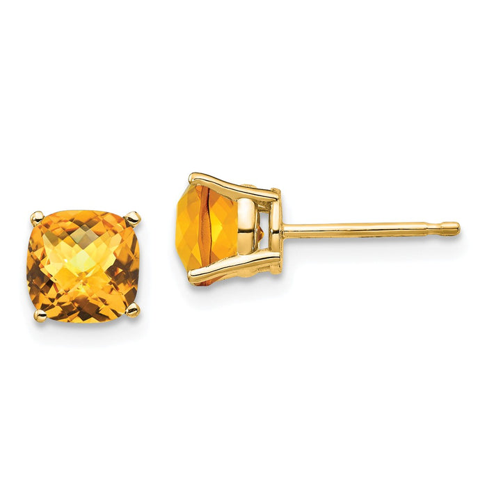 Million Charms 14k Yellow Gold 6x6mm Cushion Citrine Checker earring, 7mm x 7mm