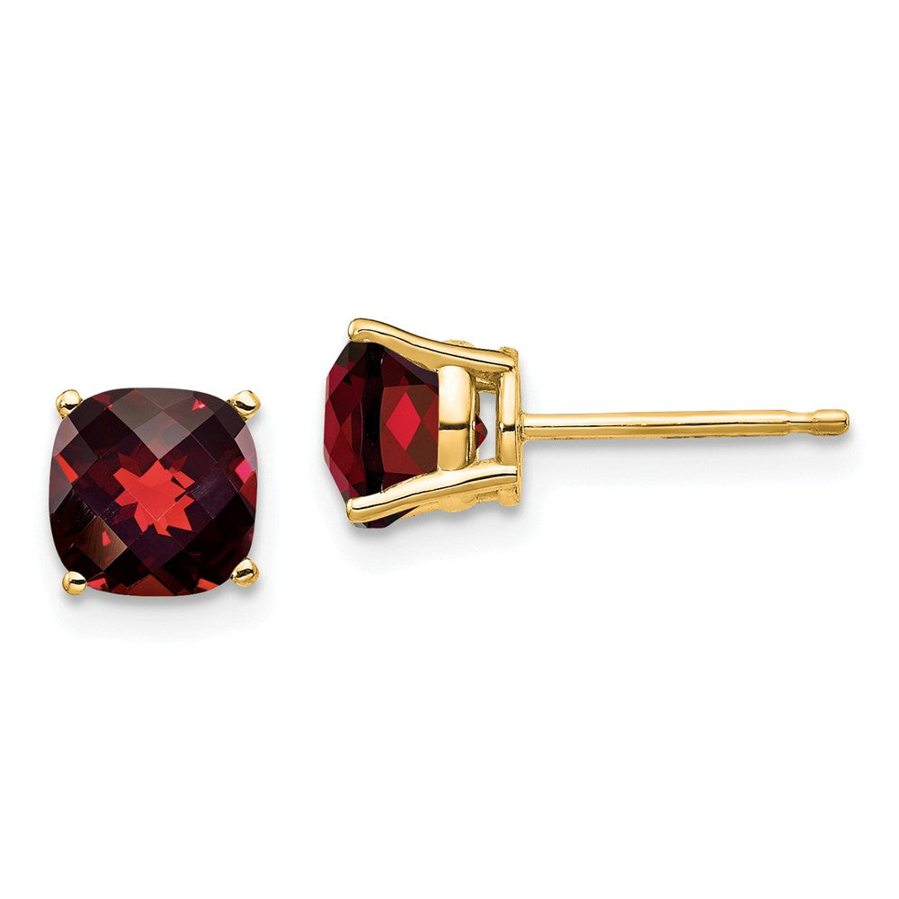 Million Charms 14k Yellow Gold 6x6mm Cushion Garnet Checker Earring, 7mm x 7mm