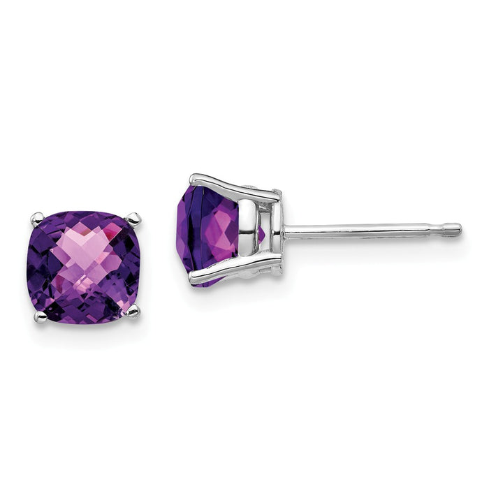 Million Charms 14k White Gold 6x6mm Cushion Amethyst Checker Earring, 7mm x 7mm