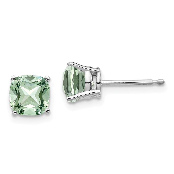 Million Charms 14k White Gold 6mm Cushion Green Quartz Earring, 7mm x 7mm