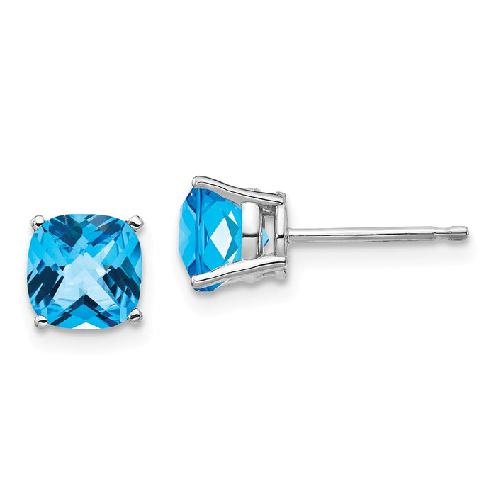 Million Charms 14k White Gold 6x6mm Cushion Blue Topaz Checker Earring, 7mm x 7mm