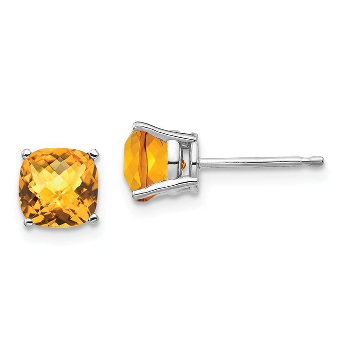 Million Charms 14k White Gold 6x6mm Cushion Citrine Checker Earring, 7mm x 7mm