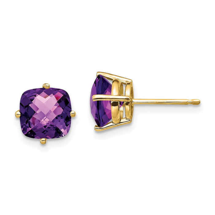 Million Charms 14k Yellow Gold 7x7mm Cushion Amethyst Checker Earring, 8mm x 8mm