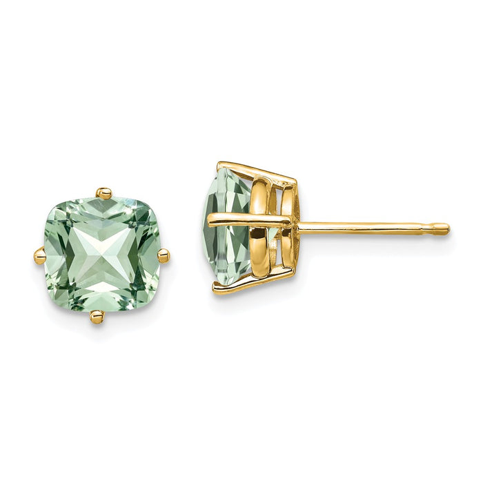 Million Charms 14k Yellow Gold 7mm Cushion Green Quartz Earring, 8mm x 8mm